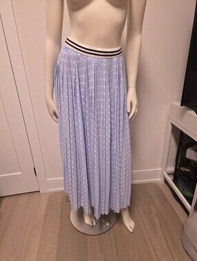 Imperial Baby Blue Polka Dot Pleated Maxi Skirt With Elastic Waist